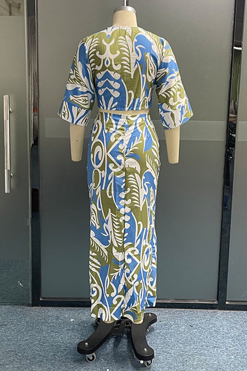Vacation Print Slit V Neck Half Sleeve Two Pieces