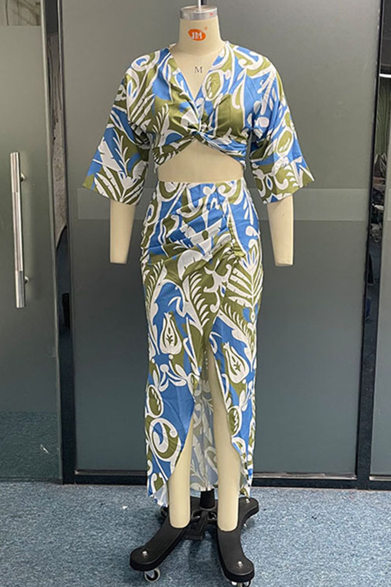 Vacation Print Slit V Neck Half Sleeve Two Pieces