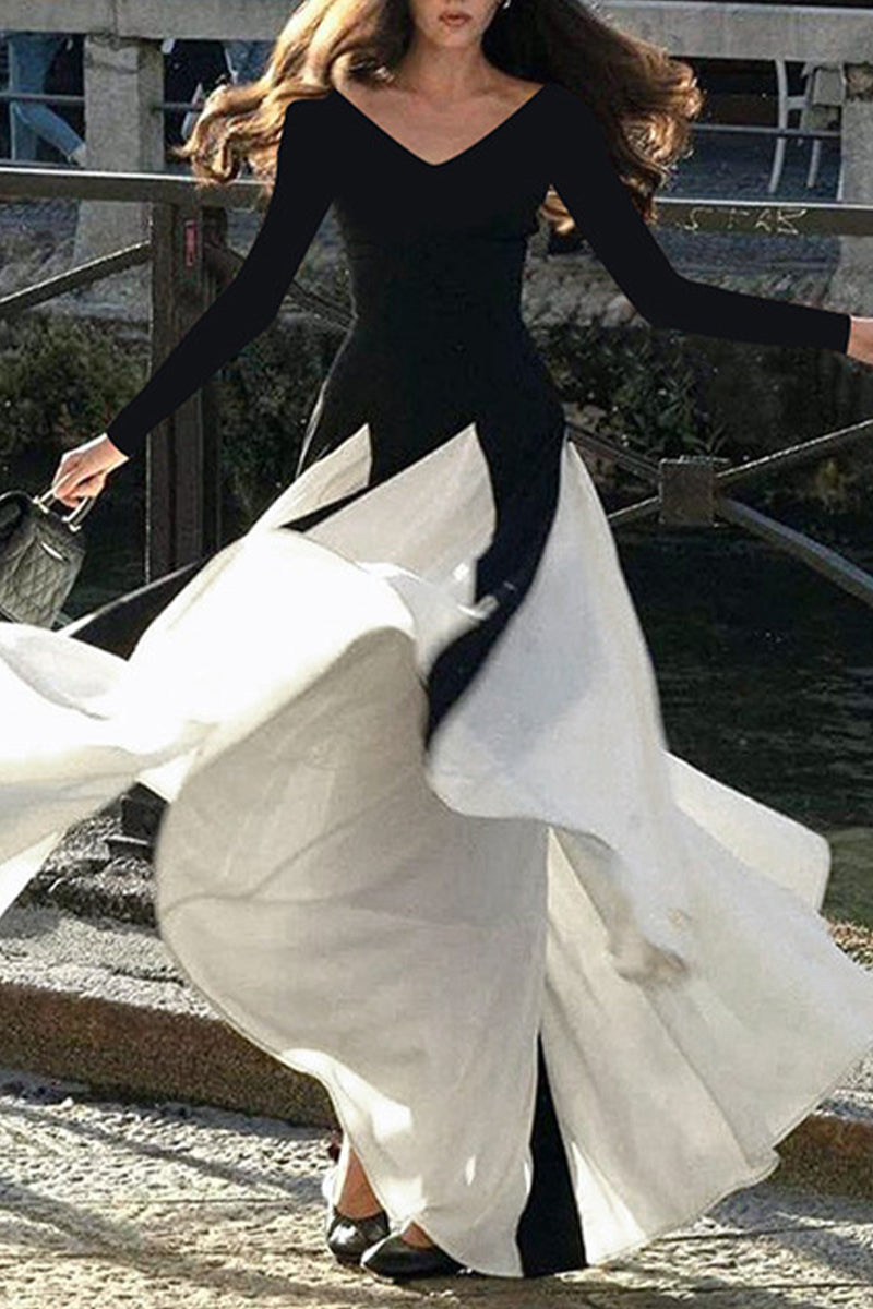 Patchwork Contrast V Neck Long Dresses