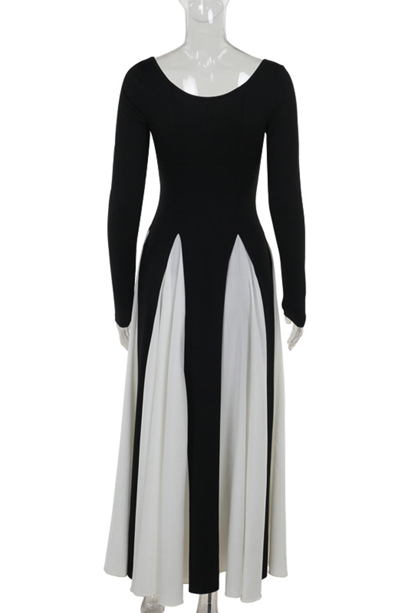 Patchwork Contrast V Neck Long Dresses