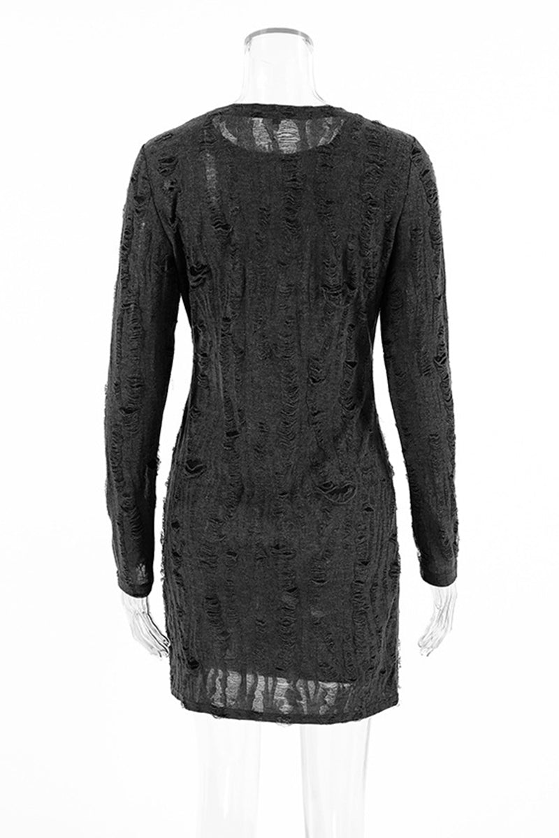 Street Ripped Distressed O Neck Wrapped Skirt Dresses