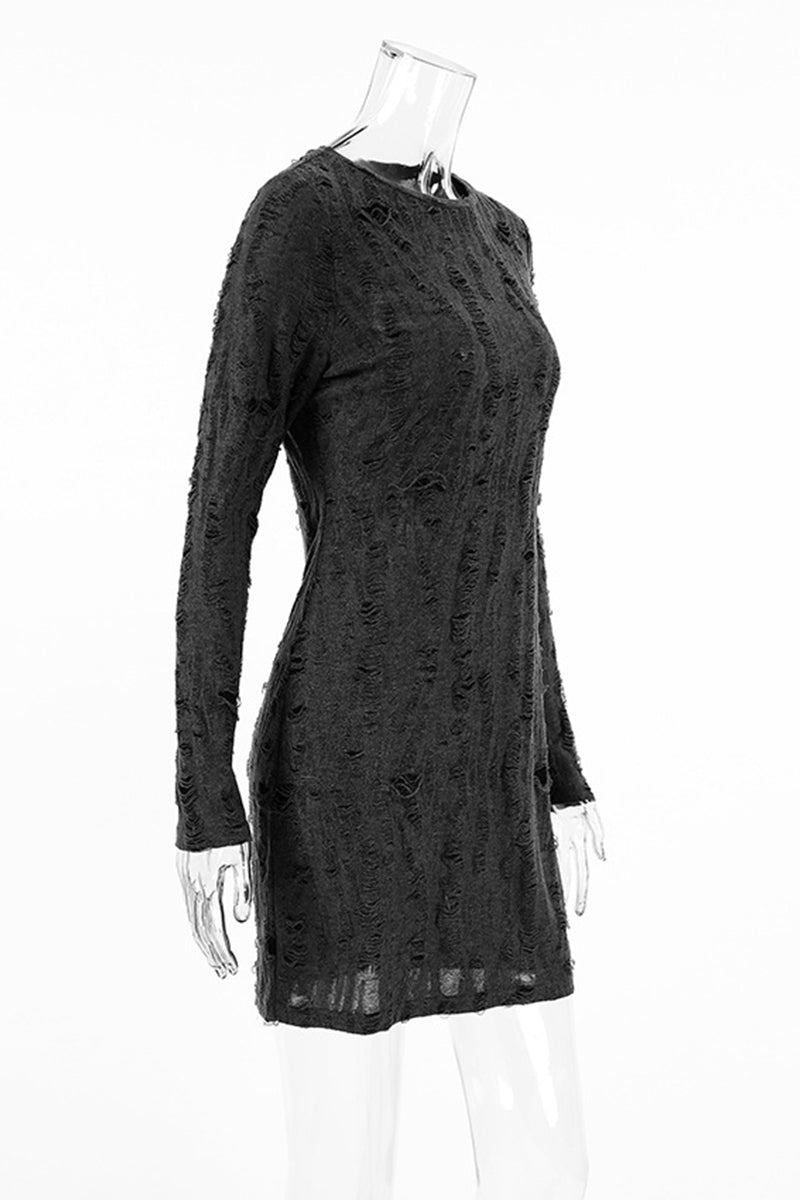 Street Ripped Distressed O Neck Wrapped Skirt Dresses