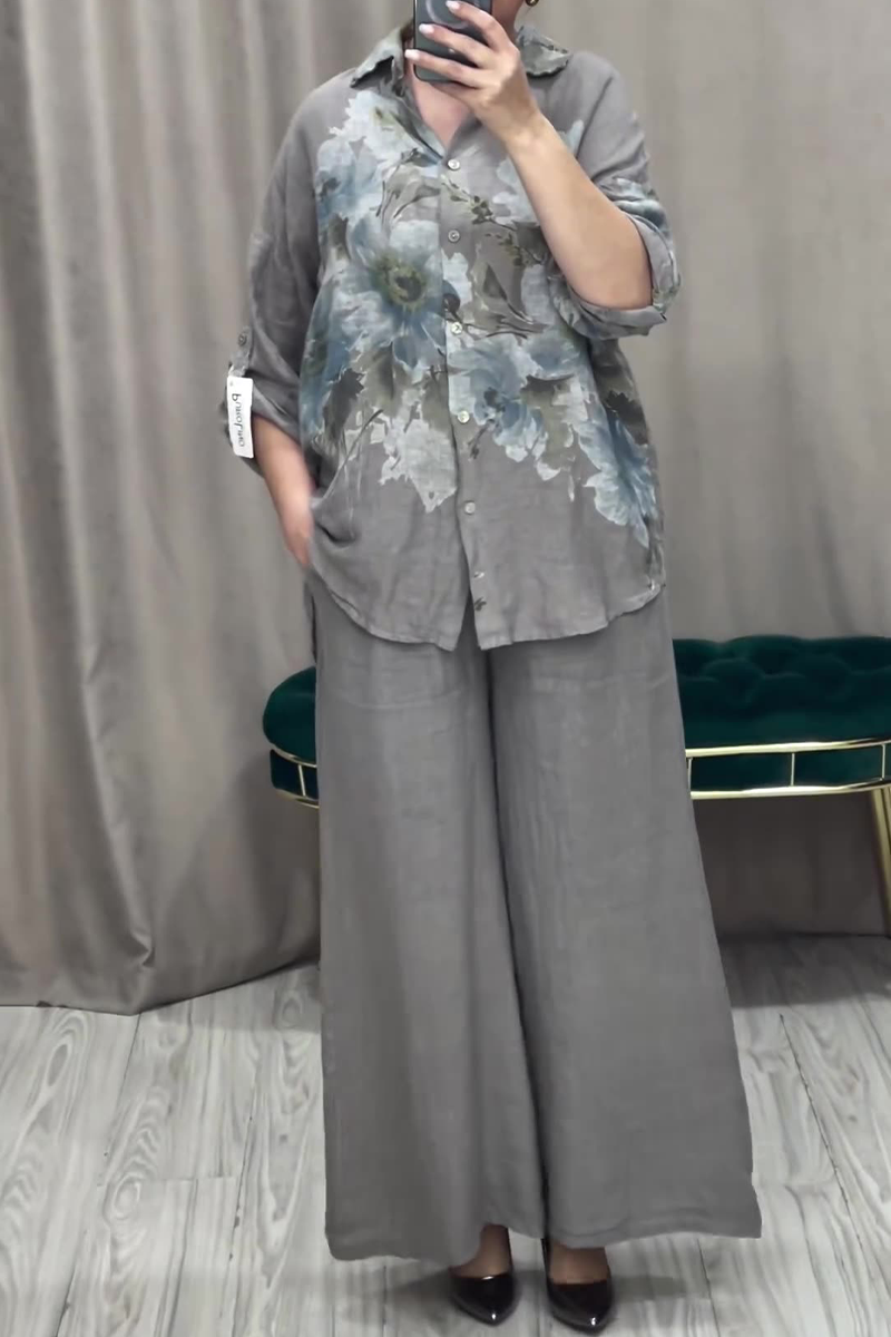 Print Buttons Turndown Collar Long Sleeve Two Pieces