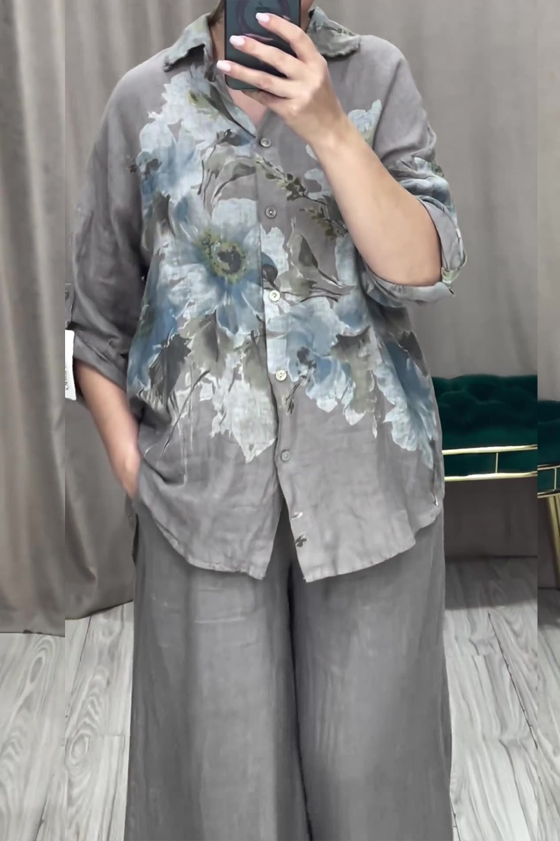 Print Buttons Turndown Collar Long Sleeve Two Pieces