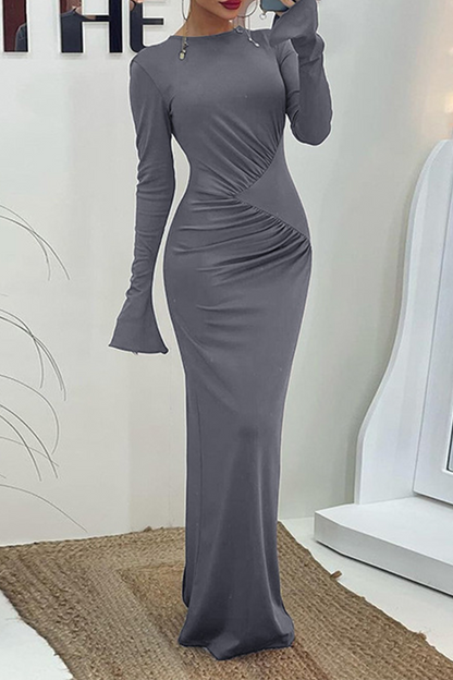 Color Ruched O Neck One Step Skirt Dresses