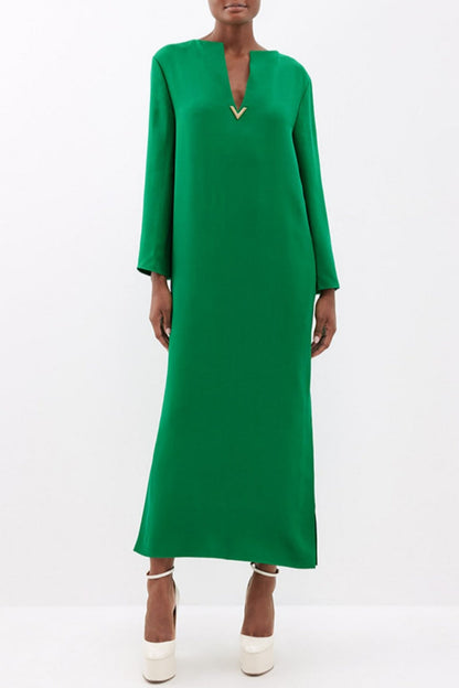 Color Slit V Neck Long Dresses