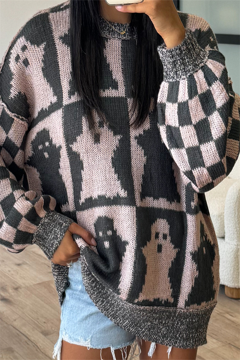 Plaid Weave Contrast O Neck Sweaters