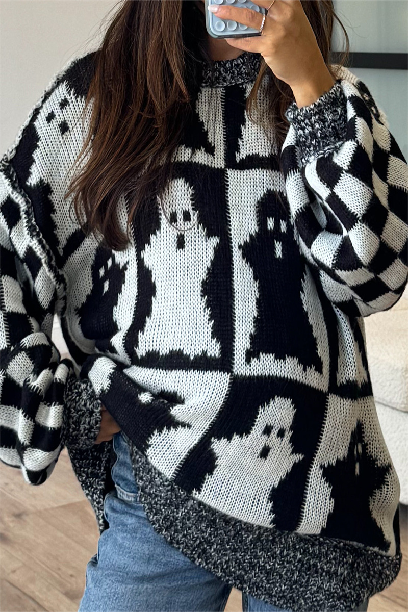 Plaid Weave Contrast O Neck Sweaters