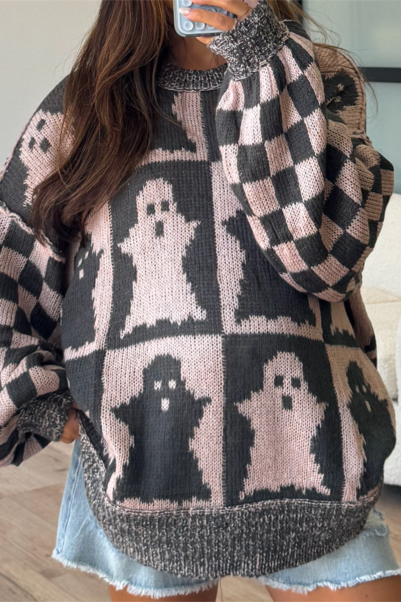 Plaid Weave Contrast O Neck Sweaters