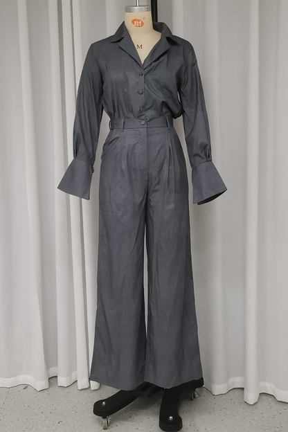 Pocket Turndown Collar Long Sleeve Two Pieces