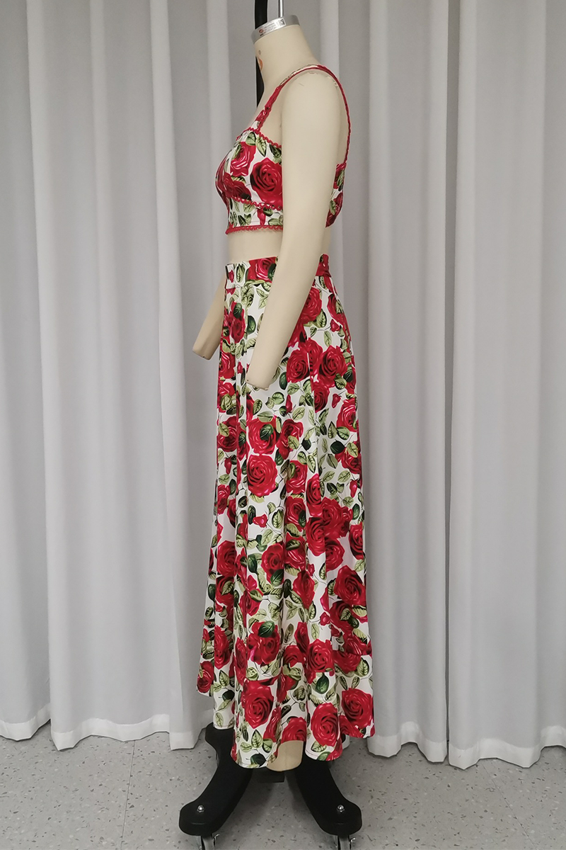 Flowers Print Pocket Contrast Square Neck Sleeveless Two Pieces