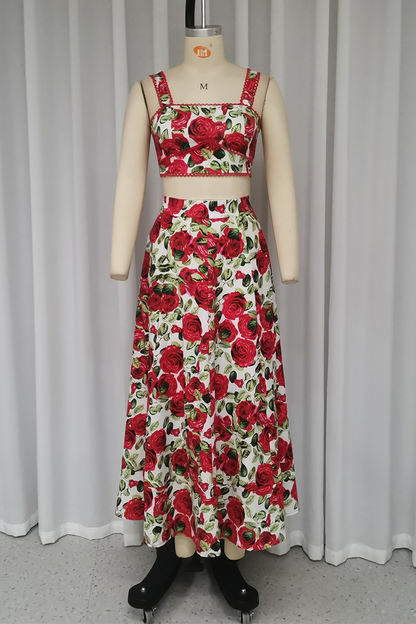 Flowers Print Pocket Contrast Square Neck Sleeveless Two Pieces