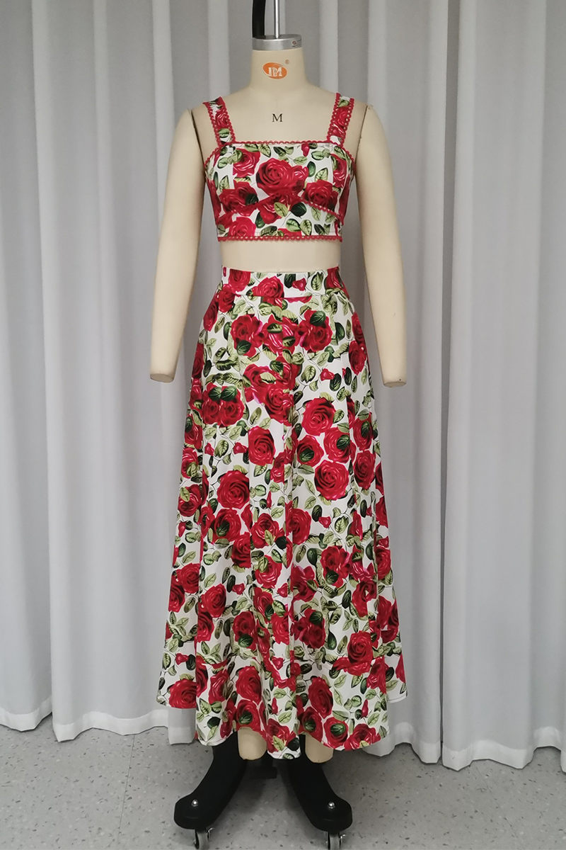 Flowers Print Pocket Contrast Square Neck Sleeveless Two Pieces