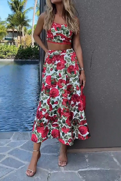 Flowers Print Pocket Contrast Square Neck Sleeveless Two Pieces