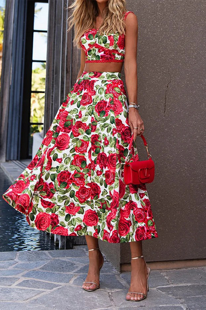 Flowers Print Pocket Contrast Square Neck Sleeveless Two Pieces