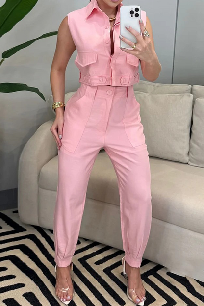 Buttons Patchwork Turndown Collar Sleeveless Two Pieces