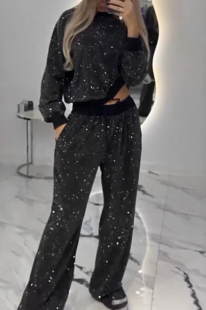 Draw String Pocket Sequined O Neck Long Sleeve Two Pieces