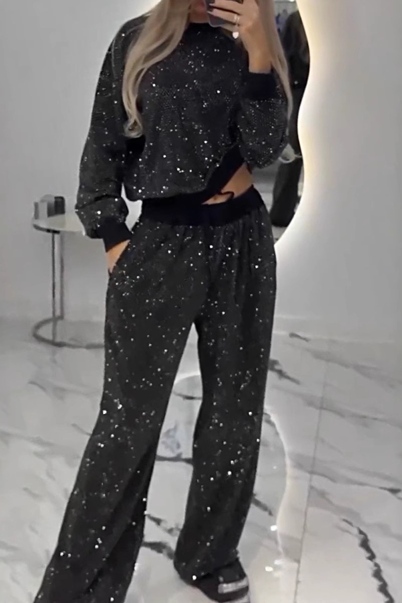 Draw String Pocket Sequined O Neck Long Sleeve Two Pieces