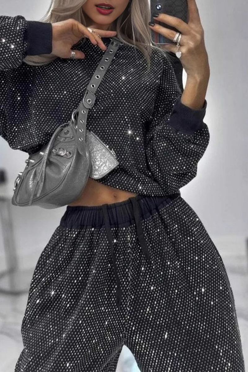 Draw String Pocket Sequined O Neck Long Sleeve Two Pieces