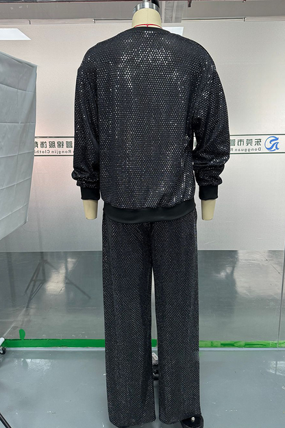 Draw String Pocket Sequined O Neck Long Sleeve Two Pieces