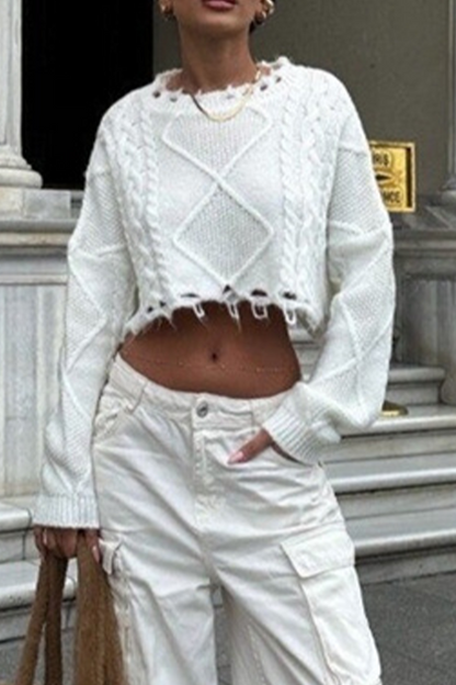 Color Ripped Weave O Neck Sweaters