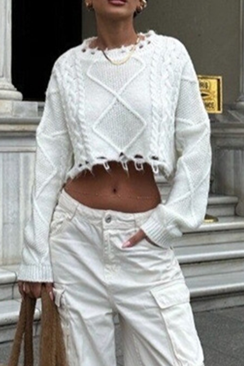 Color Ripped Weave O Neck Sweaters