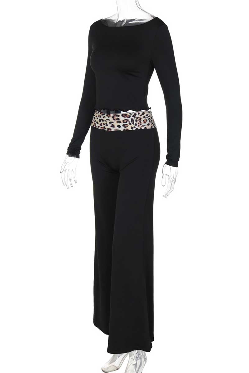Leopard Print Patchwork Off Shoulder Long Sleeve Two Pieces