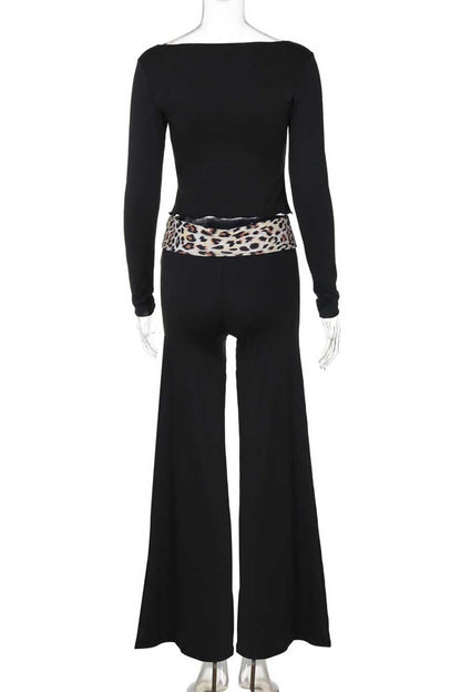 Leopard Print Patchwork Off Shoulder Long Sleeve Two Pieces