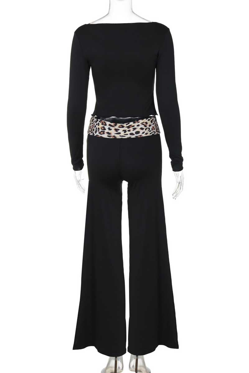Leopard Print Patchwork Off Shoulder Long Sleeve Two Pieces