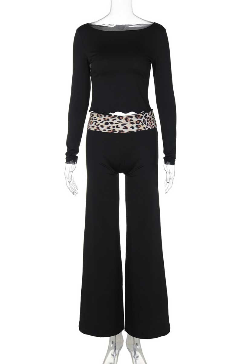 Leopard Print Patchwork Off Shoulder Long Sleeve Two Pieces