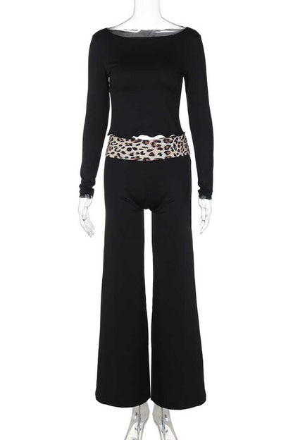 Leopard Print Patchwork Off Shoulder Long Sleeve Two Pieces