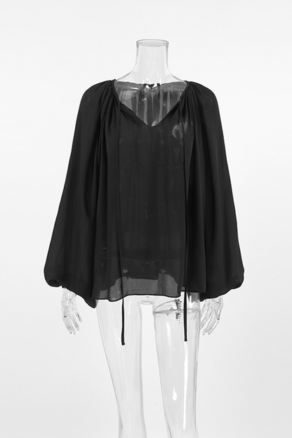 Lace Up See-through V Neck Blouses