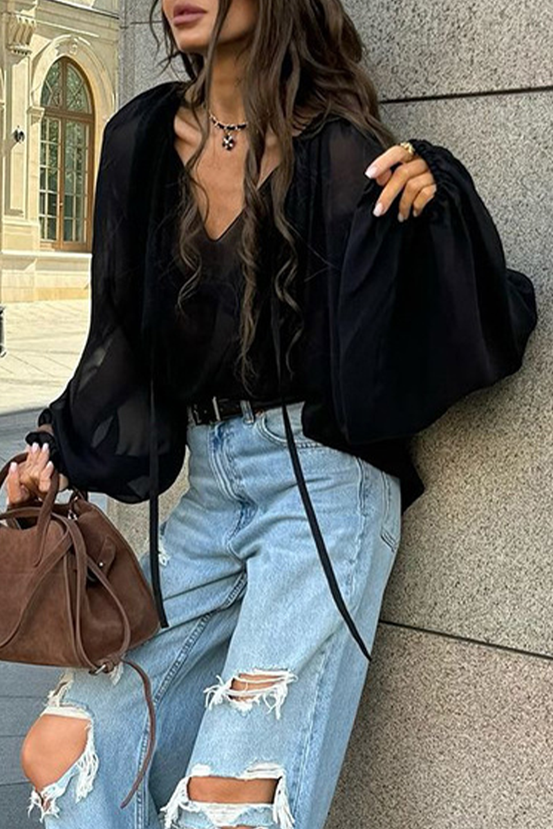 Lace Up See-through V Neck Blouses