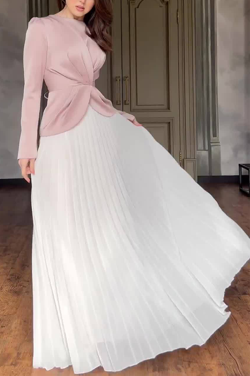 Ruched Strap Design Contrast O Neck Waist Skirt Dresses
