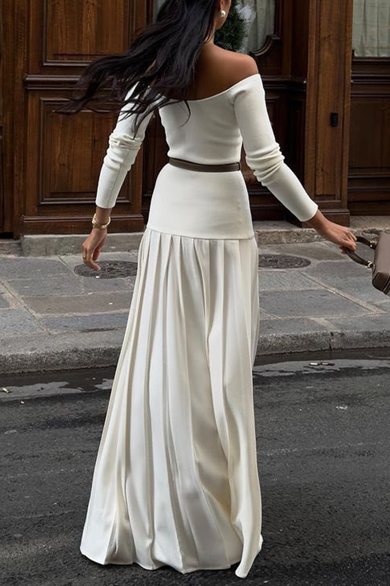 Patchwork Ruched Without Belt Off Shoulder Long Dresses(no Waist Belt)