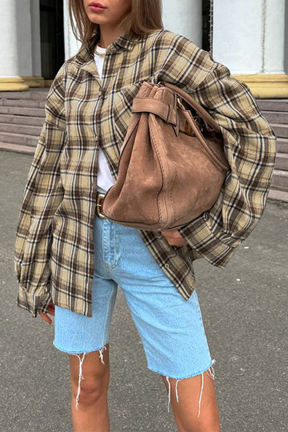 Plaid Buttons Contrast Turndown Collar Blouses
