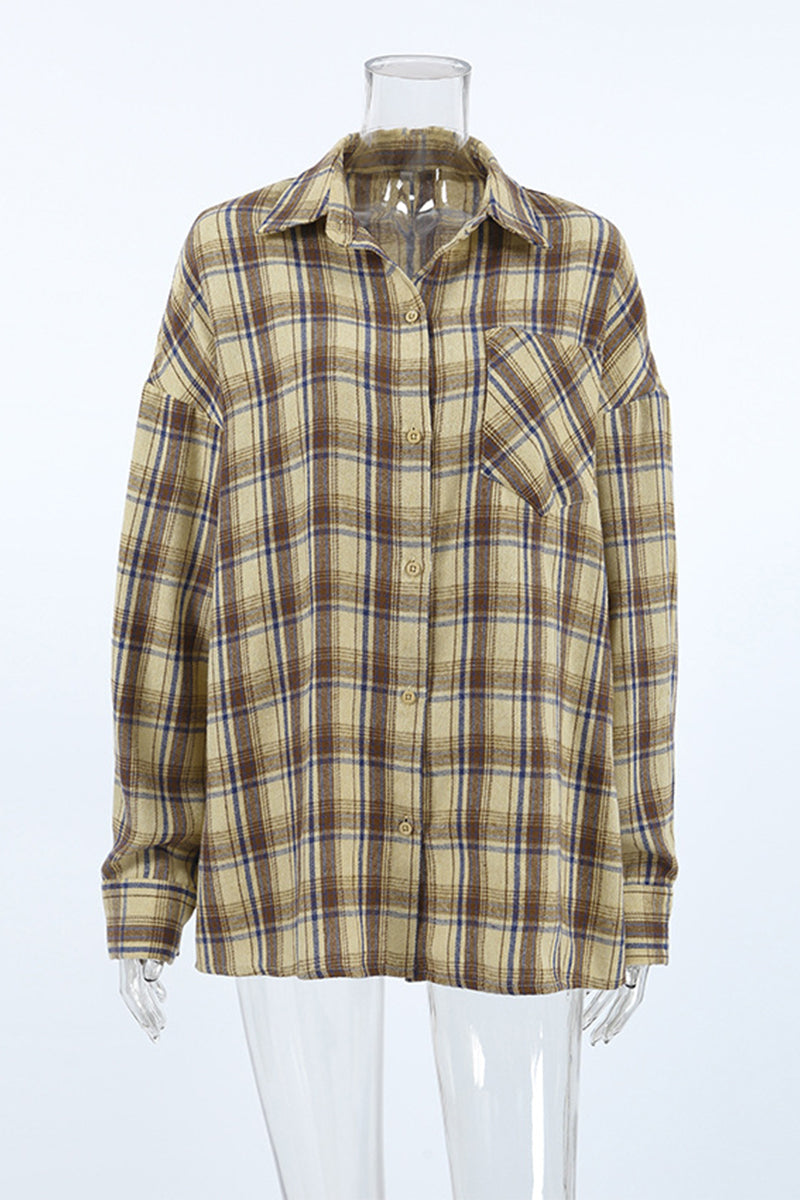 Plaid Buttons Contrast Turndown Collar Blouses