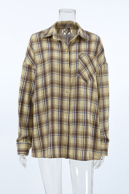 Plaid Buttons Contrast Turndown Collar Blouses