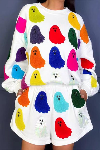 Daily Ghost Pocket Patchwork Contrast O Neck Long Sleeve Two Pieces