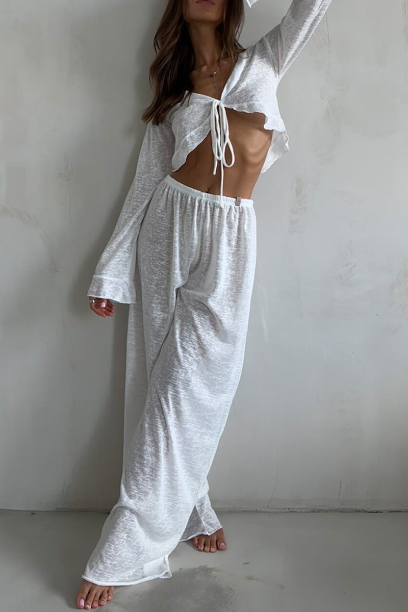 Lace Up Ruffle V Neck Long Sleeve Two Pieces