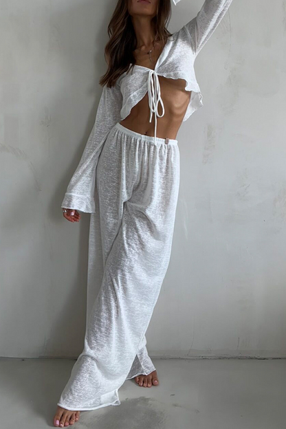 Lace Up Ruffle V Neck Long Sleeve Two Pieces