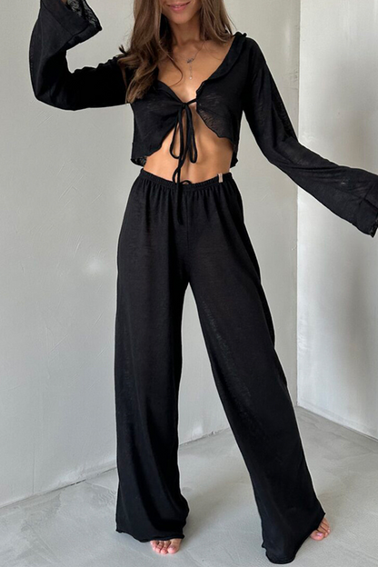Lace Up Ruffle V Neck Long Sleeve Two Pieces