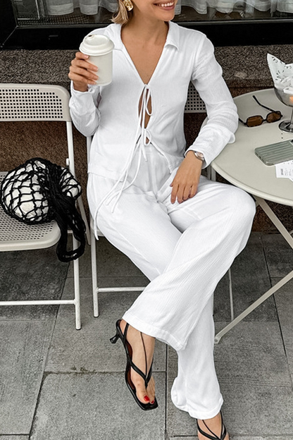 Street Pocket Lace Up Turndown Collar Long Sleeve Two Pieces