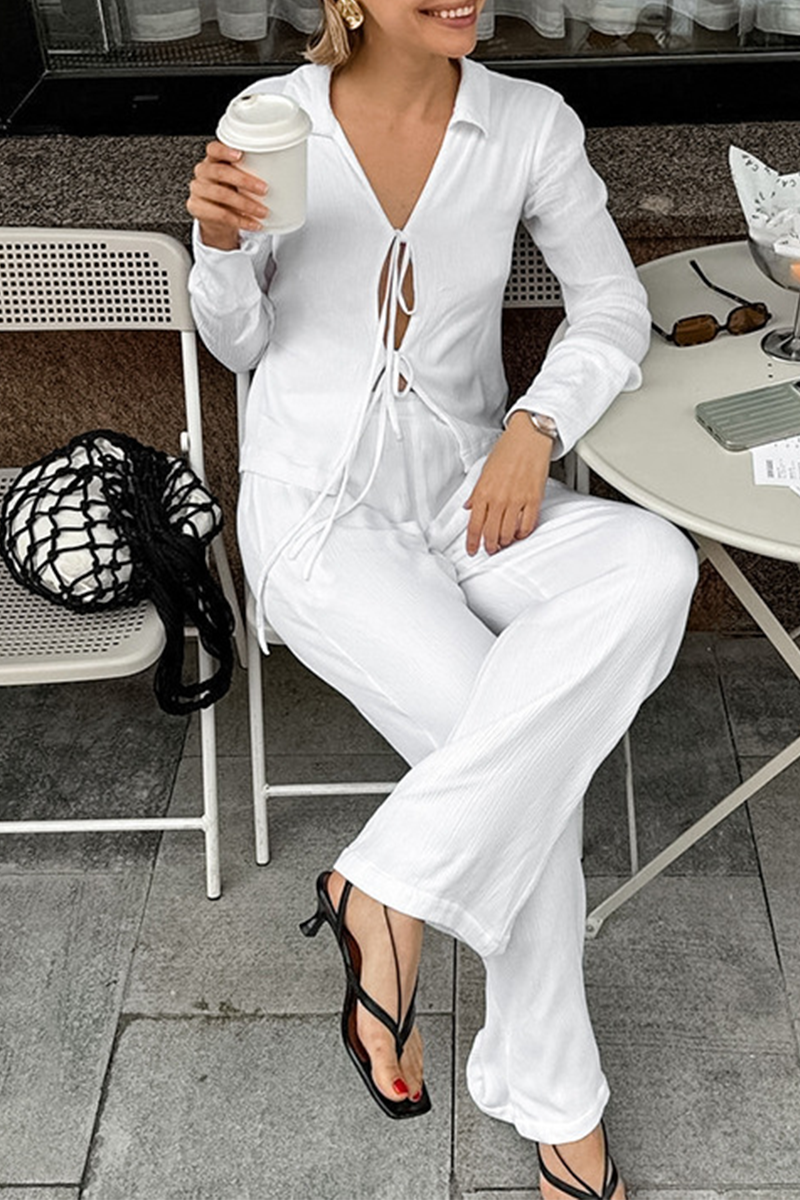 Street Pocket Lace Up Turndown Collar Long Sleeve Two Pieces
