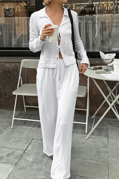 Street Pocket Lace Up Turndown Collar Long Sleeve Two Pieces