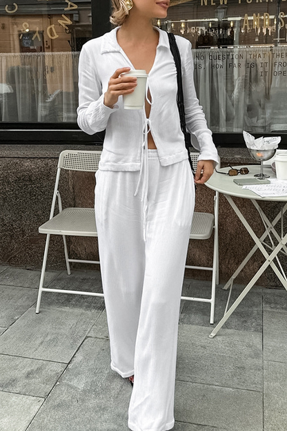 Street Pocket Lace Up Turndown Collar Long Sleeve Two Pieces