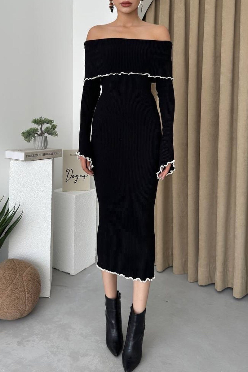 Patchwork Contrast Potholes Off Shoulder One Step Skirt Dresses
