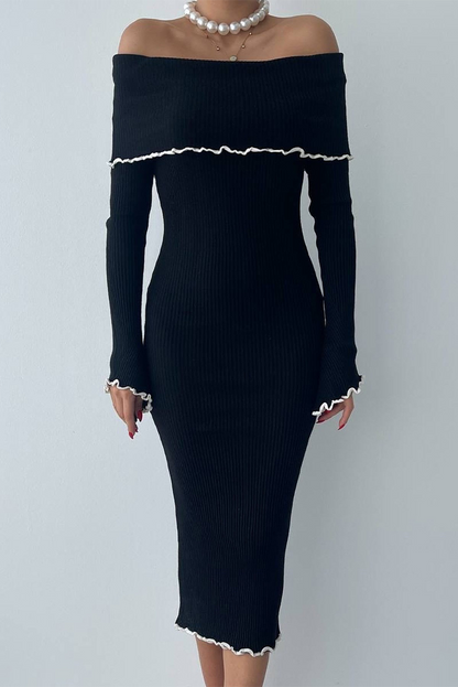 Patchwork Contrast Potholes Off Shoulder One Step Skirt Dresses