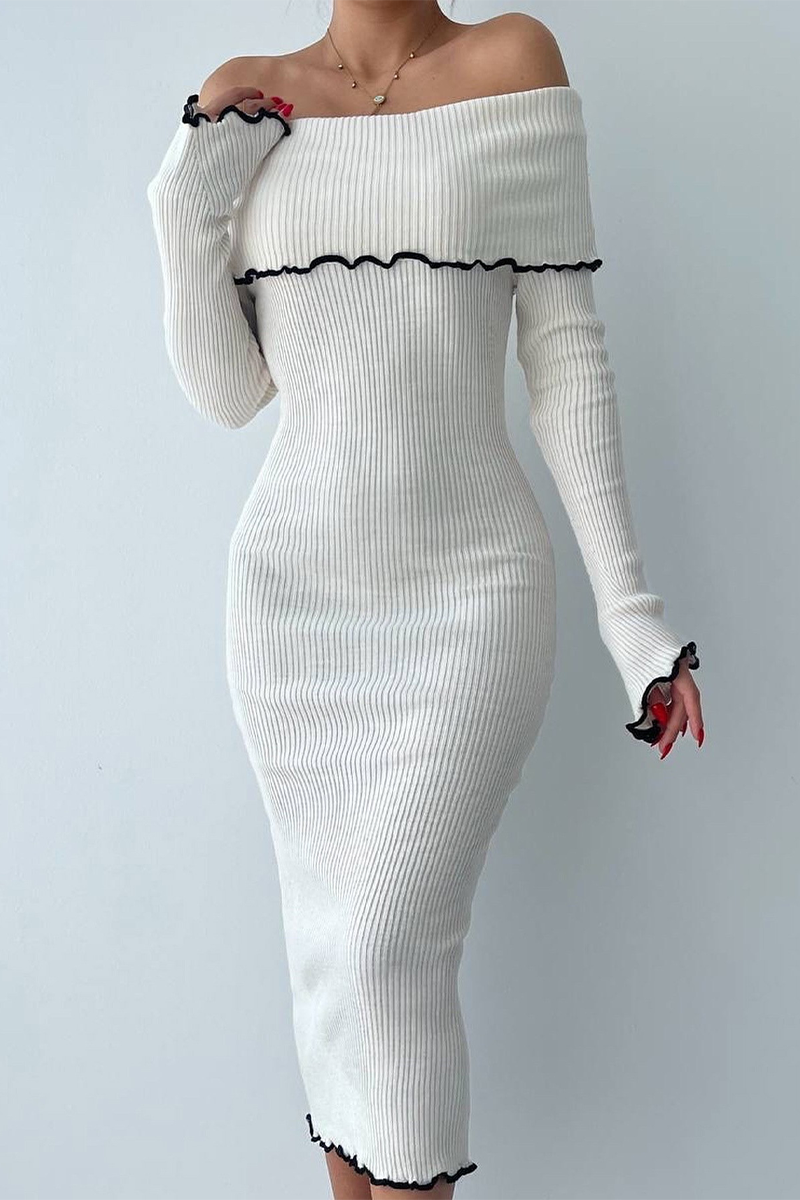 Patchwork Contrast Potholes Off Shoulder One Step Skirt Dresses