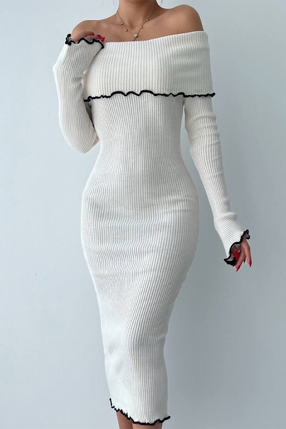 Patchwork Contrast Potholes Off Shoulder One Step Skirt Dresses